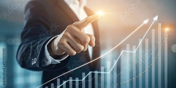 Fototapeta A businessperson points at a glowing data chart showing rising bar graphs and arrows, symbolizing growth and financial success.