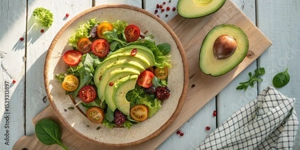 Fototapeta Fresh salad bowl with sliced avocado, cherry tomatoes, lettuce, and chili flakes on a wooden table with half an avocado and a checkered cloth.