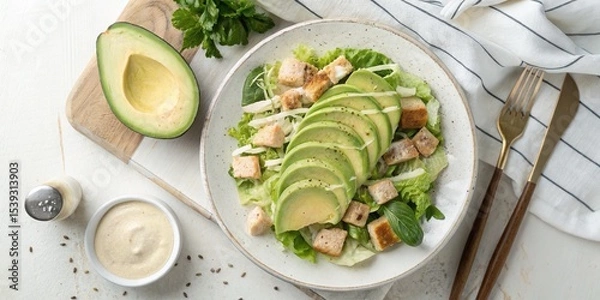 Fototapeta A fresh avocado salad with grilled chicken, lettuce, and herbs, served with creamy dressing on a light wooden board.