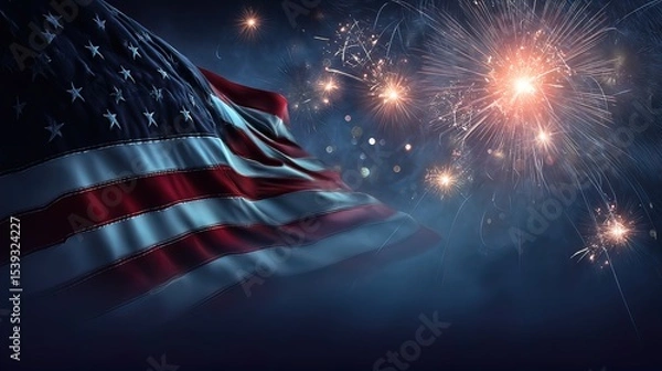 Obraz American flag waving with fireworks lighting up the background sky, Patriotic Atmosphere 