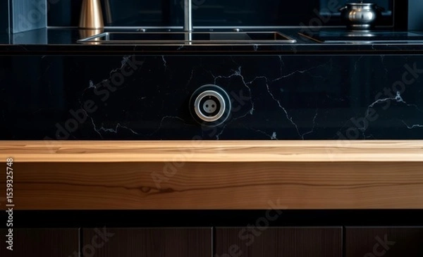 Fototapeta A sleek black granite kitchen its edges honed to a mirror sheen revealed a marvel of modern engineering � a retractable steel electric socket a hidden gem of functionality  Beneath this culinary maste