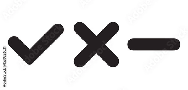 Fototapeta A simple illustration of a check mark, cross mark, and minus sign in a horizontal arrangement