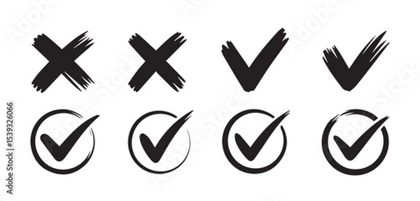 Obraz Collection of black x marks and check marks in different styles on a plain white background design element