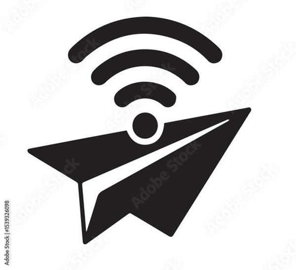 Fototapeta A black and white illustration of a paper airplane with a wifi signal above it in a simple design