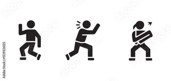 Fototapeta Three stick figures showing different poses and movements on a plain white background in a simple design