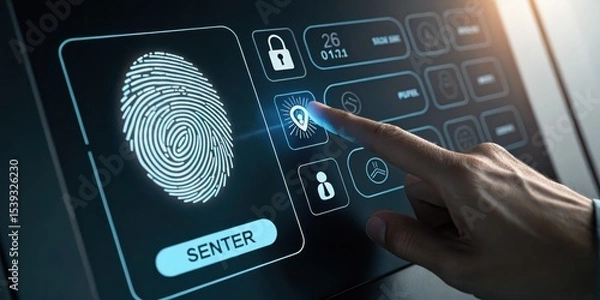 Fototapeta A hand interacts with a futuristic touchscreen displaying a fingerprint scan and security icons for biometric authentication.
