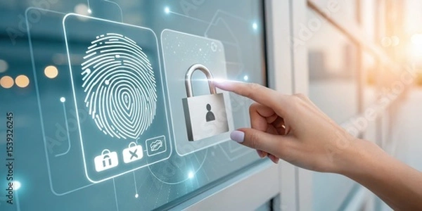 Fototapeta A hand is interacting with a digital lock icon on a transparent screen, with security symbols like fingerprint and password, symbolizing cybersecurity and data protection.