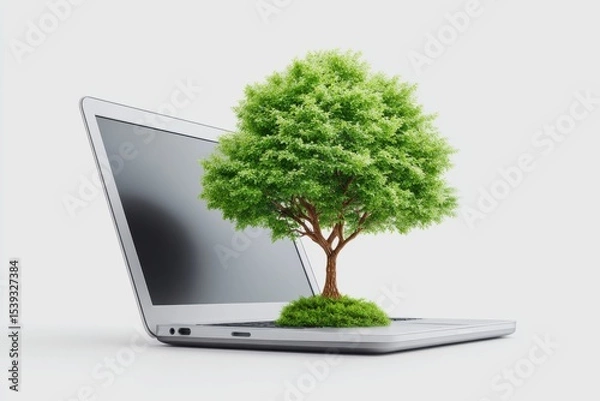 Fototapeta Startup founder Concept. A vibrant green tree grows from the center of an open laptop, symbolizing eco-friendly technology and digital sustainability.