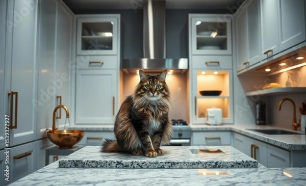 Fototapeta A sleek Scandinavian kitchen unfolds its white cabinets gleaming under the glow of modern lighting Within a fluffy tabby cat perched majestically atop a granite countertop steals the show Brass accent