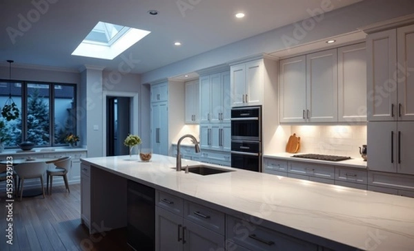 Fototapeta A sleek minimalist kitchen its quartz island a beacon of modern elegance framed by pristine white shaker cabinets creating an inviting and spacious culinary haven