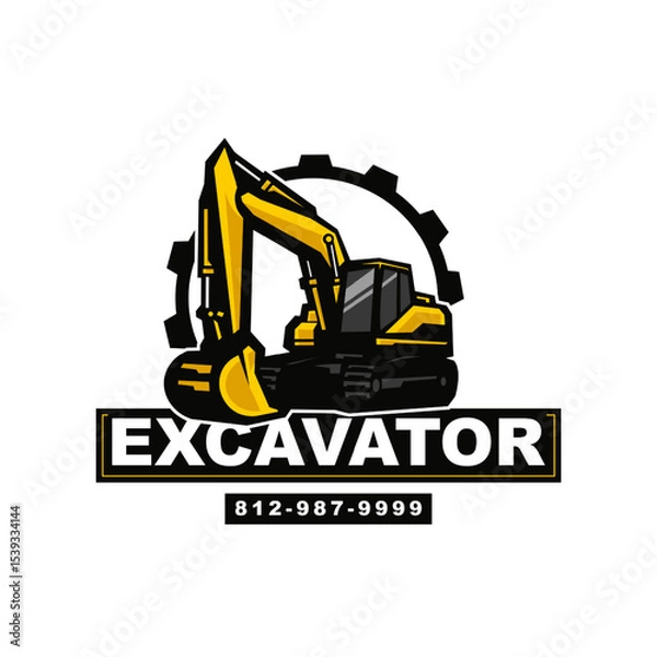 Obraz Excavator with Gear Logo Design  for Construction Company and Heavy Equipment