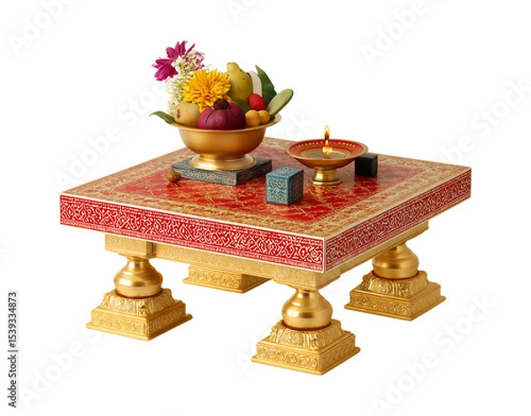 Fototapeta A traditional square Indian brass pooja table  isolated on a transparent background