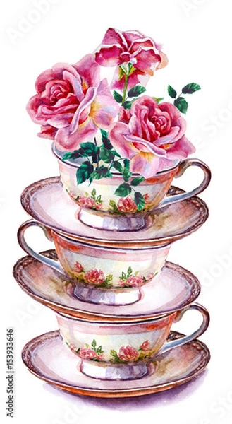Obraz Party colorful tea cups and saucers with flower rose closeup. Sketch handmade. Postcard for Valentine's Day. Watercolor illustration.