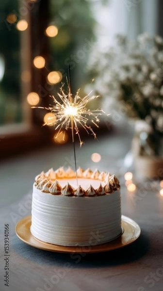 Fototapeta Sparkler Birthday Cake: A studio shot sparkler birthday cake moody golden light party table softly lit cinematic atmosphere.