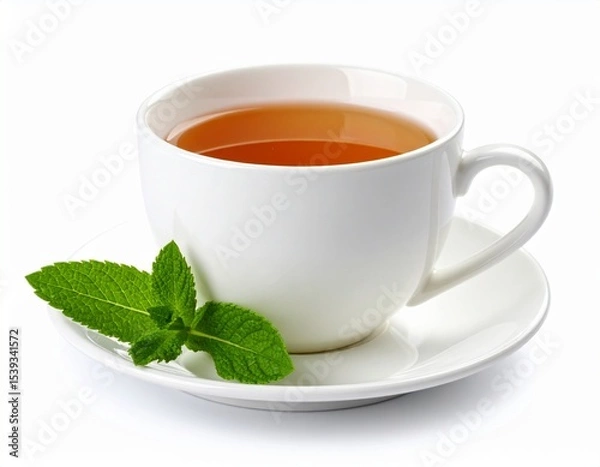 Fototapeta cup of tea for breakfast on a white background with mint leaves