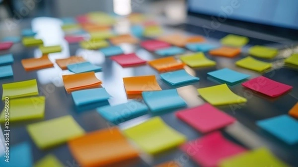 Obraz Colorful sticky notes in various shades scattered on a white surface with a blurred background of a workspace and computer screen for organization and planning