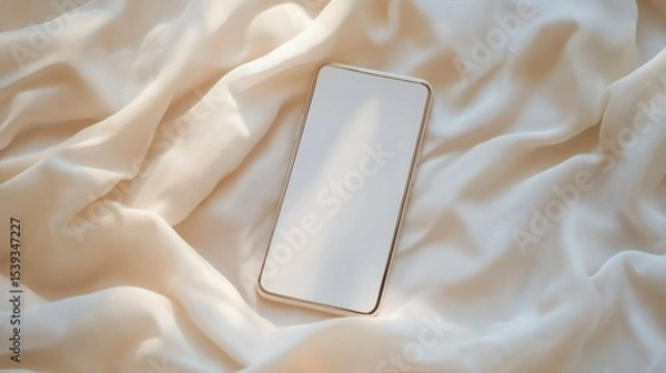 Obraz Modern smartphone with sleek design and large touchscreen lying on soft white silk sheets creating a luxurious and minimalistic bedroom home decor scene
