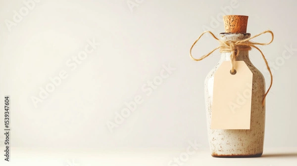 Fototapeta A rustic bottle with a cork stopper, tied with twine and a blank label, perfect for creative beverage presentations.