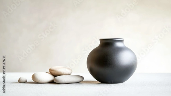 Fototapeta A serene still life featuring a black vase and smooth stones, perfect for minimalistic design or calming decor inspiration.