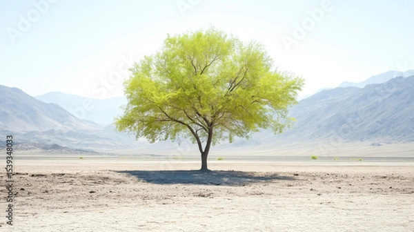 Fototapeta A solitary green tree stands in a vast, dry landscape under a clear blue sky, embodying resilience in nature.