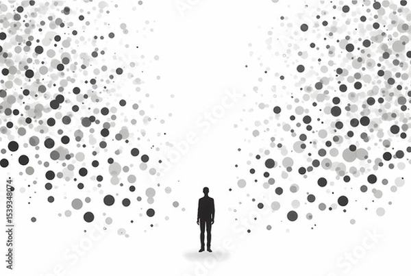Fototapeta Minimalist black and white vector art: a single figure drawn as a thin black line amidst a vast white space, a dense cluster of simple black circles. AI