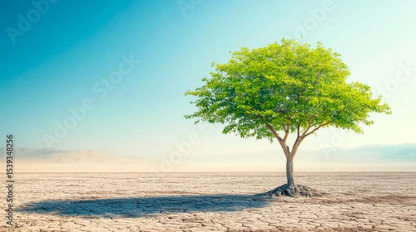 Fototapeta A solitary tree thriving in a vast, dry landscape, showcasing resilience and beauty under a clear blue sky.