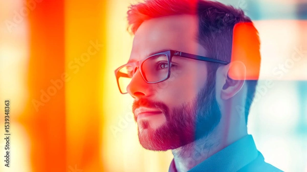 Fototapeta A thoughtful young man with glasses gazing into the distance, embodying focus and determination in a vibrant setting.