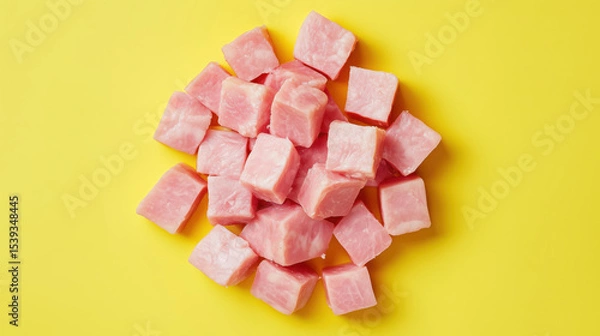 Fototapeta A vibrant pile of colorful cubes, perfect for representing fresh ingredients in culinary creations on a bright yellow background.