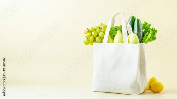 Fototapeta A white reusable tote bag filled with fresh fruits and vegetables on a light background, promoting sustainability and healthy living.