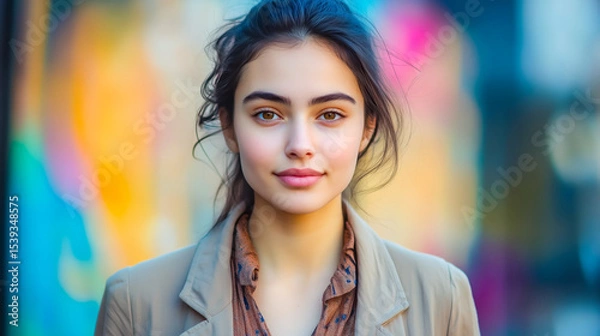 Fototapeta A young woman with a confident expression stands against a vibrant, colorful background, capturing the essence of urban life.