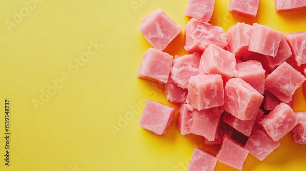 Fototapeta Colorful pink candy cubes arranged on a bright yellow background, perfect for sweet treats and dessert themes.