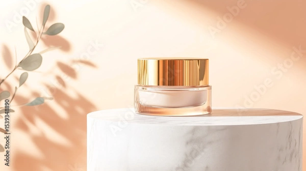 Fototapeta Elegant cosmetic jar on a marble pedestal with soft lighting, creating a serene beauty scene for skincare and wellness.