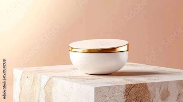 Fototapeta Elegant cosmetic jar with a golden lid resting on a marble table, perfect for showcasing beauty products in a minimalist setting.