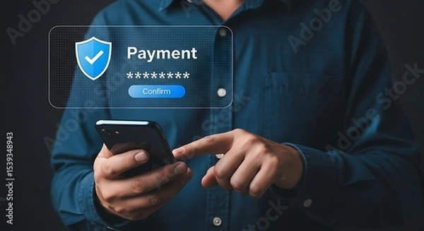 Obraz Secure Mobile Payment Confirmation Technology. Digital Payment Authorization on Smartphone,Confirming Online Payment Using Mobile App ,Contactless Digital Payment Confirmation, Secure Payment Process 
