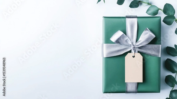 Fototapeta Elegant green gift box with a silver ribbon and a blank tag surrounded by greenery, perfect for special occasions and celebrations.