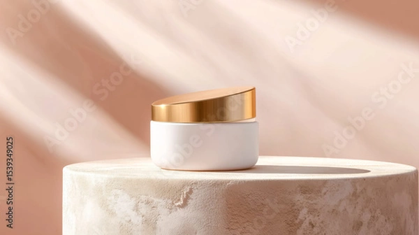 Fototapeta Elegant skincare cream jar with a golden lid, placed on a stylish stone pedestal, adorned by soft light and minimalistic background.