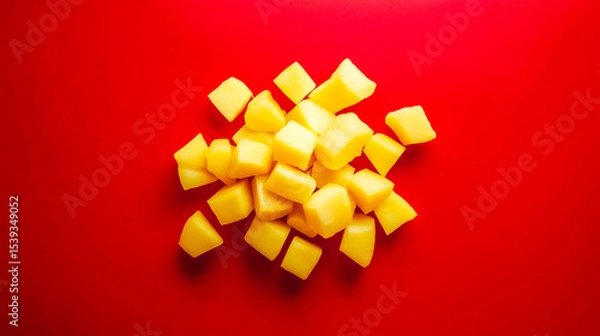 Fototapeta Fresh mango cubes arranged on a vibrant red background, ideal for food photography and culinary presentations.