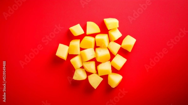 Fototapeta Vibrant yellow cubes of fruit on a bright red background, creating a cheerful and lively food composition.