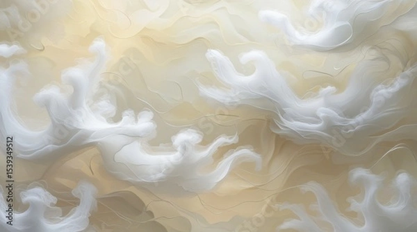 Fototapeta Soft white vapour swirls on creamy abstract background. Dreamy mist texture for digital design and overlays.