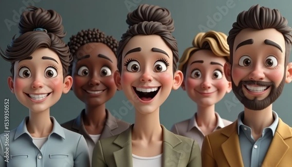 Fototapeta Diverse group of cartoon characters with expressive faces.