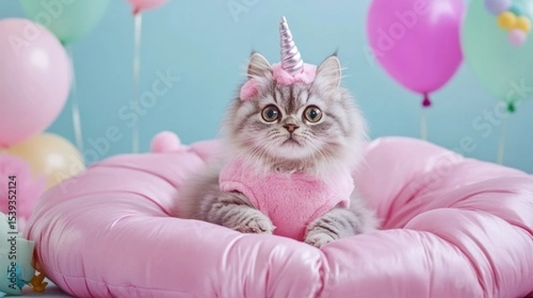 Obraz Adorable fluffy gray kitten wea pink unicorn horn headband lying on pink cushion in colorful birthday party setting with balloons and decorations