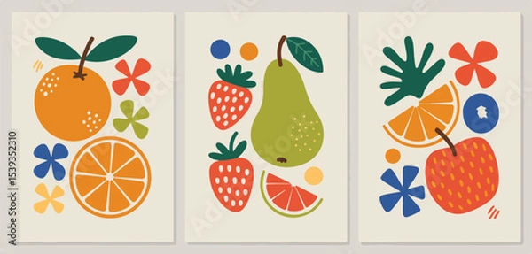 Fototapeta Three panels of fruit art featuring oranges strawberries pears and abstract floral elements in a row