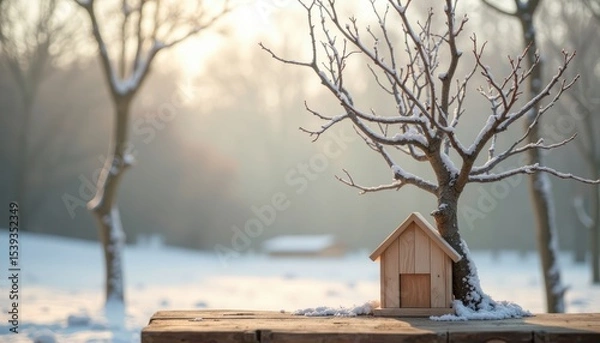 Fototapeta Small wooden house nestled under a snow-covered tree in a winter landscape.