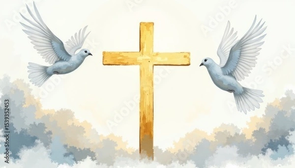 Fototapeta Two doves in flight near a golden cross.
