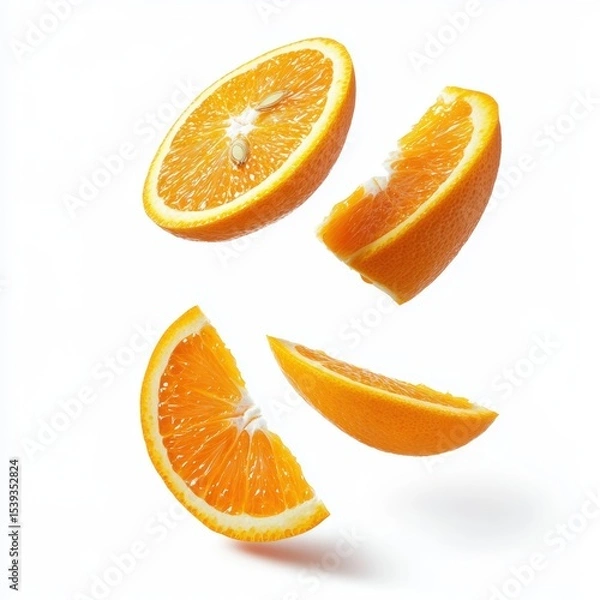 Obraz Sliced oranges falling on white background