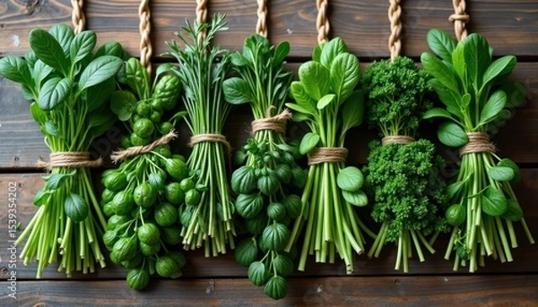 Fototapeta Assorted fresh herbs tied and hanging.