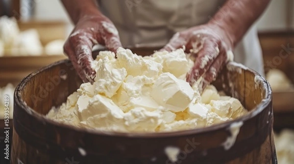 Obraz Close up of skilled hands churning fresh homemade butter in rustic wooden barrel with natural lighting highlighting creamy texture in traditional farmhouse kitchen