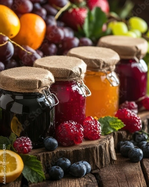 Obraz Close up of colorful glass jars filled with homemade fruit jams featuring handwritten labels neatly arranged with fresh fruits on rustic wooden surface textures