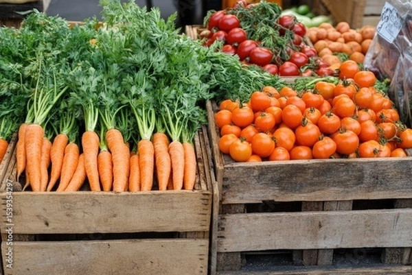 Obraz Close up of fresh organic produce including carrots tomatoes and herbs neatly arranged in wooden crates at local farmers market showcasing bright colors and farm life