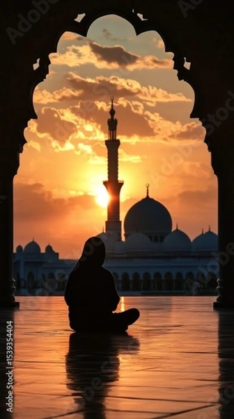 Obraz Silhouette of person praying at sunrise with mosque in background creating serene peaceful mood for Ramadan celebration and Islamic spiritual worship concept. Muslim prayer silhouette at dawn.